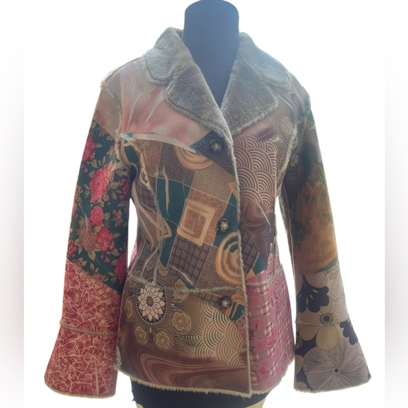 Lapis Penny Lane Coat Artsy Patchwork Print Faux Suede Lined Boho Hippie Retro M - Picture 5 of 10
